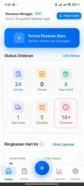 Dashboard Kelola Laundry: ringkasan pesanan dan kas hari ini
